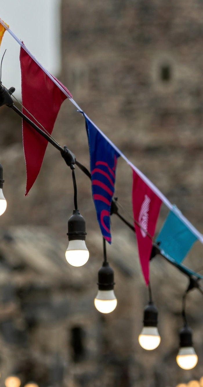 Bunte Wimpelketten mit warmweißen Außenlichtern im Garten bei einer Outdoor-Party