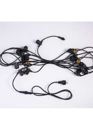 Kabel 15M mit 24 Fassungen E27, Schwarzes Kabel, Verbindbar max. 1000W, für Außen
