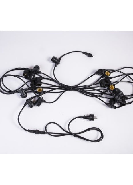 Kabel 15M mit 24 Fassungen E27, Schwarzes Kabel, Verbindbar max. 1000W, für Außen