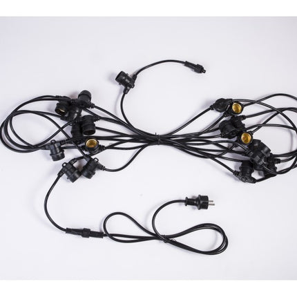 Kabel 15M mit 15 Fassungen E27, Schwarzes Kabel, Verbindbar max. 1000W, für Außen