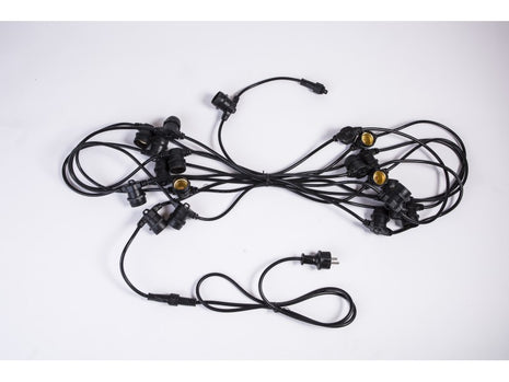 Kabel 15M mit 15 Fassungen E27, Schwarzes Kabel, Verbindbar max. 1000W, für Außen