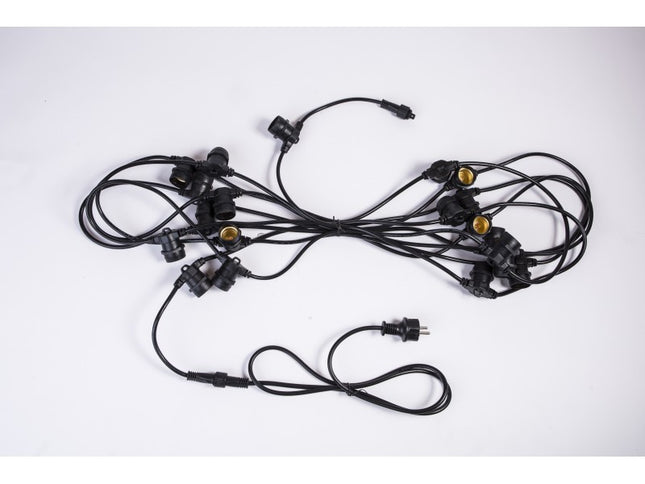 Kabel 15M mit 15 Fassungen E27, Schwarzes Kabel, Verbindbar max. 1000W, für Außen