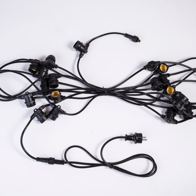 Kabel 10M mit 20 Fassungen E27, Schwarzes Kabel, Verbindbar max. 1000W, für Außen