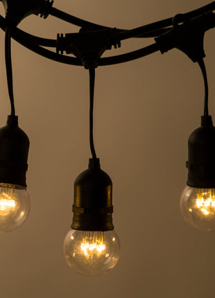 Lichterkette mit Pendel 10M mit 20 Klar Lampen mit 9 LEDs, E27 1W, Dimmbar, Schwarzes Kabel, Warm Licht, Verbindbar 500M, für Außen