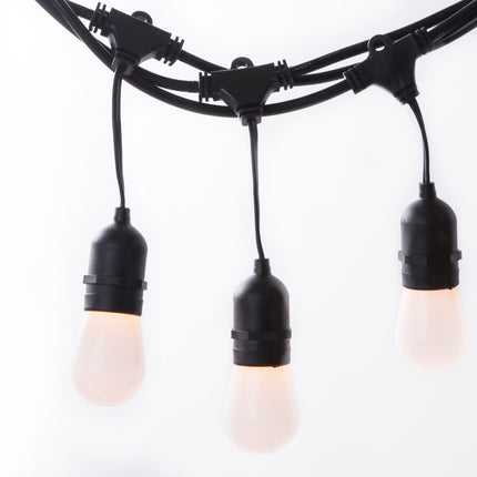 Lichterkette mit Pendel 10M mit 20 Mattweiß Birnen-LEDs, E27 1W, Dimmbar, Schwarzes Kabel, Warm Licht, Verbindbar 500M, für Außen