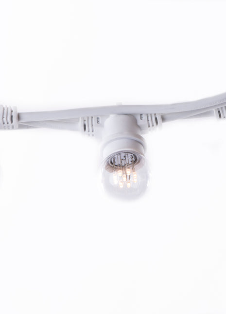 Lichterkette 5M mit 10 Lampen mit 9 LEDs, E27 1W, Dimmbar, Weißes Kabel, Warm Licht, Verbindbar 1000M, für Außen