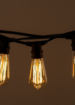 Lichterkette 10M mit 20 Glühbirnen, E27, 25W, Glas, Dimmbar, Schwarzes Flachkabel/Rundkabel, Verbindbar 20M, für Außen