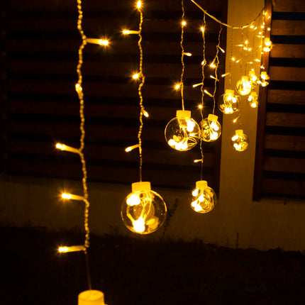 Dekorative Lichtervorhang 2,5M mit 12 Globen, 108 LEDs, Durchsichtig Kabel, Warm Licht, Verbindbar 12,5M für Außen