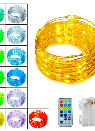 Silberdraht Lichterkette 5M mit 50 LEDs RGB, 13 Farben mit Fernbedienung und Batteriebetrieb, Warm Licht, für Außen