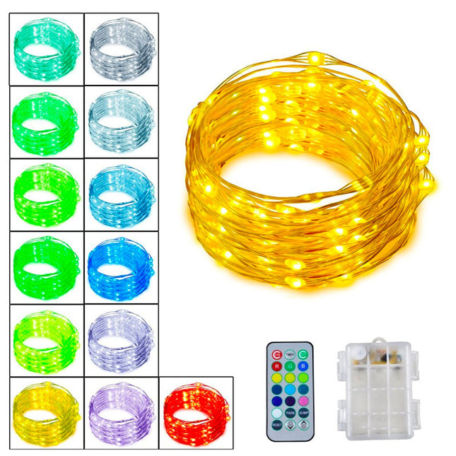 Silberdraht Lichterkette 5M mit 50 LEDs RGB, 13 Farben mit Fernbedienung und Batteriebetrieb, Warm Licht, für Außen