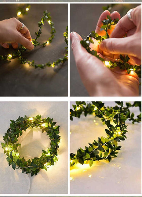 2M Buchsgirlande mit filigranen Blättern mit 20 Mini-LEDs, Warm Licht, Batteriebetrieben
