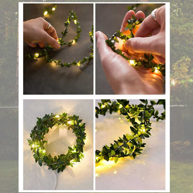 2M Buchsgirlande mit filigranen Blättern mit 20 Mini-LEDs, Warm Licht, Batteriebetrieben