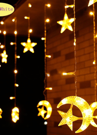 Lichtervorhang 2,5M mit 12 Hängelichter Mond und Sterne mit 138 LEDs, 8 Programmen, Durchsichtig Kabel, Verbindbar 12M, für Außen