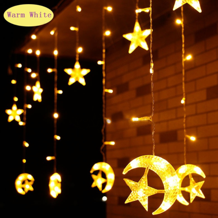 Lichtervorhang 2,5M mit 12 Hängelichter Mond und Sterne mit 138 LEDs, 8 Programmen, Durchsichtig Kabel, Verbindbar 12M, für Außen