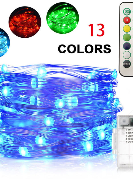 Silberdraht Lichterkette 5M mit 50 LEDs RGB, 13 Farben mit Fernbedienung und Batteriebetrieb, Warm Licht, für Außen