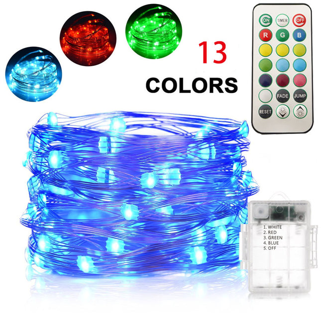 Silberdraht Lichterkette 5M mit 50 LEDs RGB, 13 Farben mit Fernbedienung und Batteriebetrieb, Warm Licht, für Außen