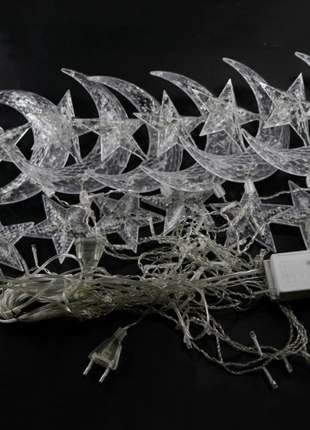 Lichtervorhang 2,5M mit 12 Hängelichter Mond und Sterne mit 138 LEDs, 8 Programmen, Durchsichtig Kabel, Verbindbar 12M, für Außen