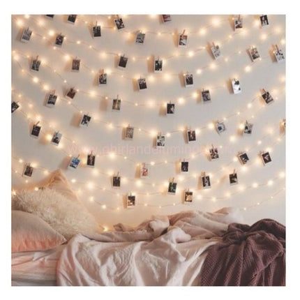 Silberdraht Lichterkette 10M mit 100 Mini-LEDs, Foto-Clip mit 20 abnehmbaren Haken, Strombetrieben, Warm Licht