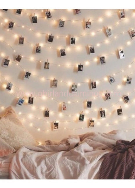 Silberdraht Lichterkette 10M mit 100 Mini-LEDs, Foto-Clip mit 20 abnehmbaren Haken, Strombetrieben, Warm Licht