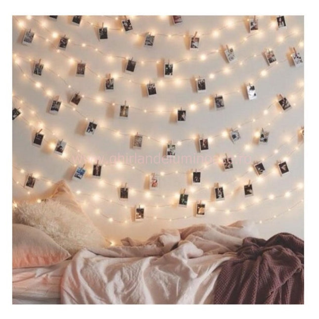 Silberdraht Lichterkette 10M mit 100 Mini-LEDs, Foto-Clip mit 20 abnehmbaren Haken, Strombetrieben, Warm Licht