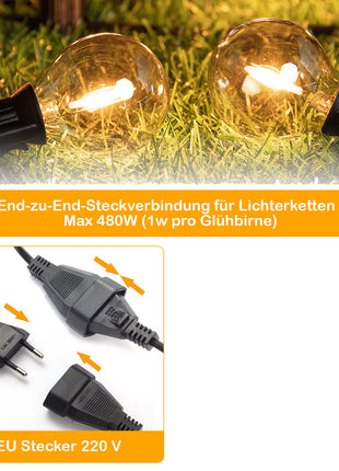 Lichterkette 7,6M mit 10 + 1 LED-Leuchtmittel G40, E12, 1W, Schwarzes Kabel, Verbindbar 480W, für Außen