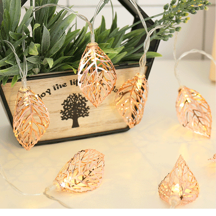 Lichterkette 4M mit 20 kupferfarbenen Metallblättern, Warm Licht, Batteriebetrieb