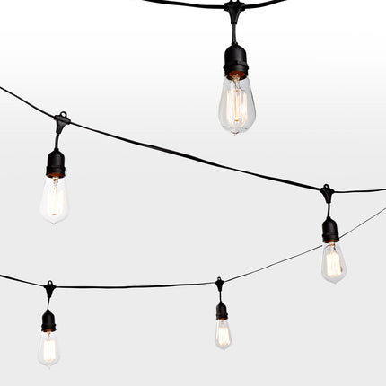 Lichterkette 15M mit 15 Pendel Glühbirnen E27, 25W, Glas, Dimmbar, Schwarzes Kabel, Warm Licht, Verbindbar 60M, für Außen