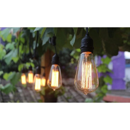 Lichterkette 10M mit 20 Pendel Filament Glühbirnen, E27, 25W, Glas, Dimmbar, Schwarzes Kabel, Verbindbar 20M, für Außen