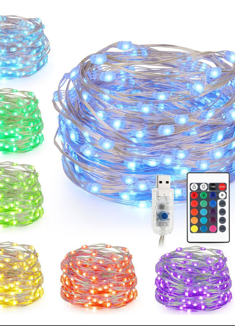 Silberdraht Lichterkette 10M mit 100 Mehrfarbige-LEDs,16 Farben LEDs, Warm Licht, mit USB-Kabel und Fernbedienung