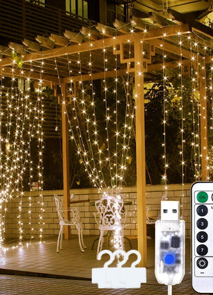Silberdraht Lichtervorhang 3M × 3M, 300 LEDs, mit USB und Fernbedienung, 8 Programmen, Warm Licht, für Außen