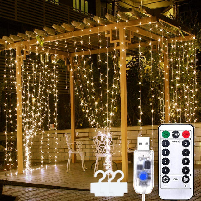 Silberdraht Lichtervorhang 3M × 3M, 300 LEDs, mit USB und Fernbedienung, 8 Programmen, Warm Licht, für Außen