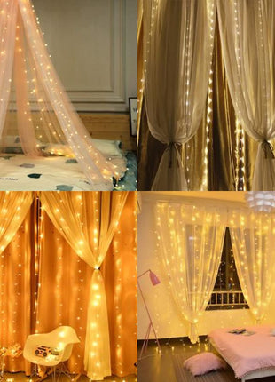 Silberdraht Lichtervorhang 3M × 3M, 300 LEDs, mit USB und Fernbedienung, 8 Programmen, Warm Licht, für Außen