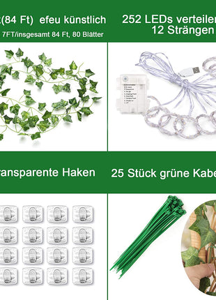 Lichtervorhang 3M x 2,1M Künstliche Efeugirlande mit 252 Mini-LEDs, mit USB und Batterien, für Außen