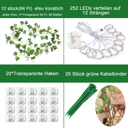 Lichtervorhang 3M x 2,1M Künstliche Efeugirlande mit 252 Mini-LEDs, mit USB und Batterien, für Außen