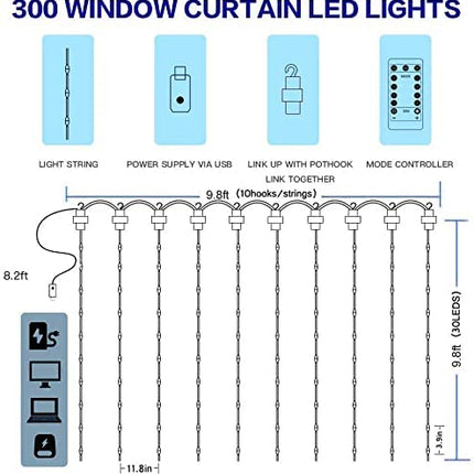 Kupferdraht Lichtervorhang 3M × 3M, 300 LEDs, mit USB und Fernbedienung, 8 Programmen, Warm Licht, für Außen