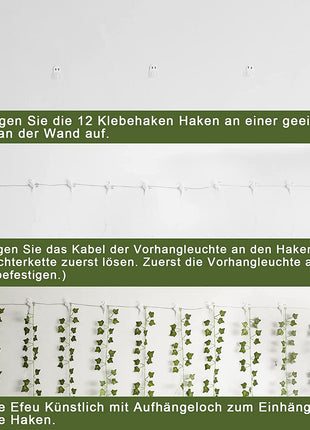 Lichtervorhang 3M x 2,1M Künstliche Efeugirlande mit 252 Mini-LEDs, mit USB und Batterien, für Außen