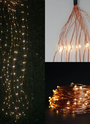 Kupfer Wasserfall Lichterkette 2M mit 300 Mini-LEDs mit Batterien und Fernbedienung, Warm Licht, für Außen