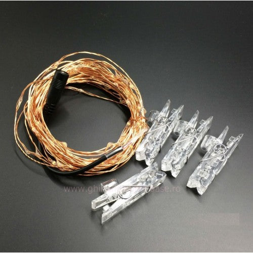 Silberdraht Lichterkette 10M mit 100 Mini-LEDs, Foto-Clip mit 20 abnehmbaren Haken, Strombetrieben, Warm Licht