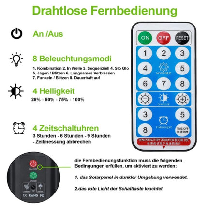 Solar Lichterkette 30M mit 300 LEDs, 8 Programme, Warm Licht, mit Fernbedienung, für Außen