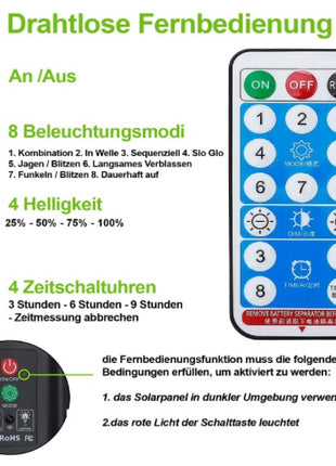 Solar Lichterkette 60M mit 600 LEDs, 8 Programme, Warm Licht, mit Fernbedienung, für Außen