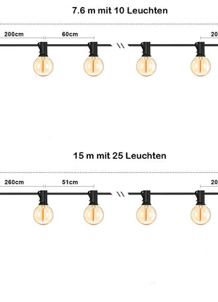 Lichterkette 15M mit 25 + 1 Ersatz LED-Leuchtmittel G40, E12, 1W, Schwarzes Kabel, Verbindbar 480W, für Außen