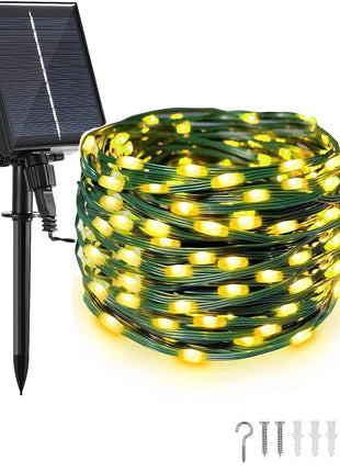 Solar Lichterkette 20M mit 200 Mini-LEDs Gründraht, 8 Programmen, USB Laden, Warm Licht, für Außen