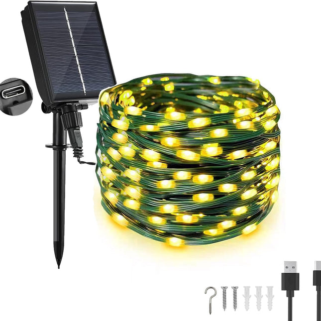 Solar Lichterkette 20M mit 200 Mini-LEDs Gründraht, 8 Programmen, USB Laden, Warm Licht, für Außen