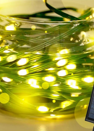 Solar Lichterkette 20M mit 200 Mini-LEDs Gründraht, 8 Programmen, USB Laden, Warm Licht, für Außen