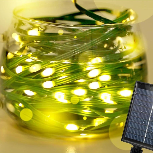 Solar Lichterkette 20M mit 200 Mini-LEDs Gründraht, 8 Programmen, USB Laden, Warm Licht, für Außen