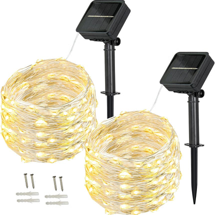 Solar Lichterkette 20M mit 200 Mini-LEDs Silberdraht, 8 Programmen, Warm Licht, für Außen