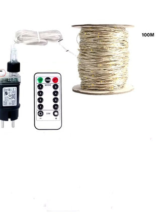 Silberdraht Lichterkette 100M mit 1000 LEDs, 8 Programmen mit Transformator und Fernbedienung, Warm Licht, für Außen