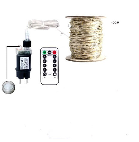 Silberdraht Lichterkette 100M mit 1000 LEDs, 8 Programmen mit Transformator und Fernbedienung, Warm Licht, für Außen