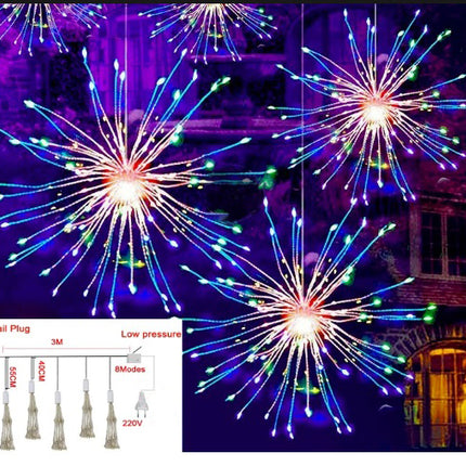 Lichterkette 3,3M mit 5 Feuerwerke, 500 LEDs, Silberdraht, Farbige Licht, Strombetrieben, für Außen