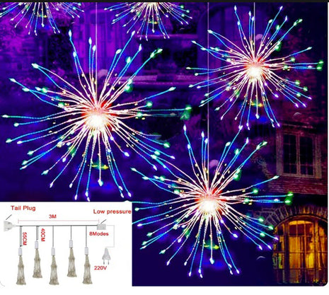 Lichterkette 3,3M mit 5 Feuerwerke, 500 LEDs, Silberdraht, Farbige Licht, Strombetrieben, für Außen